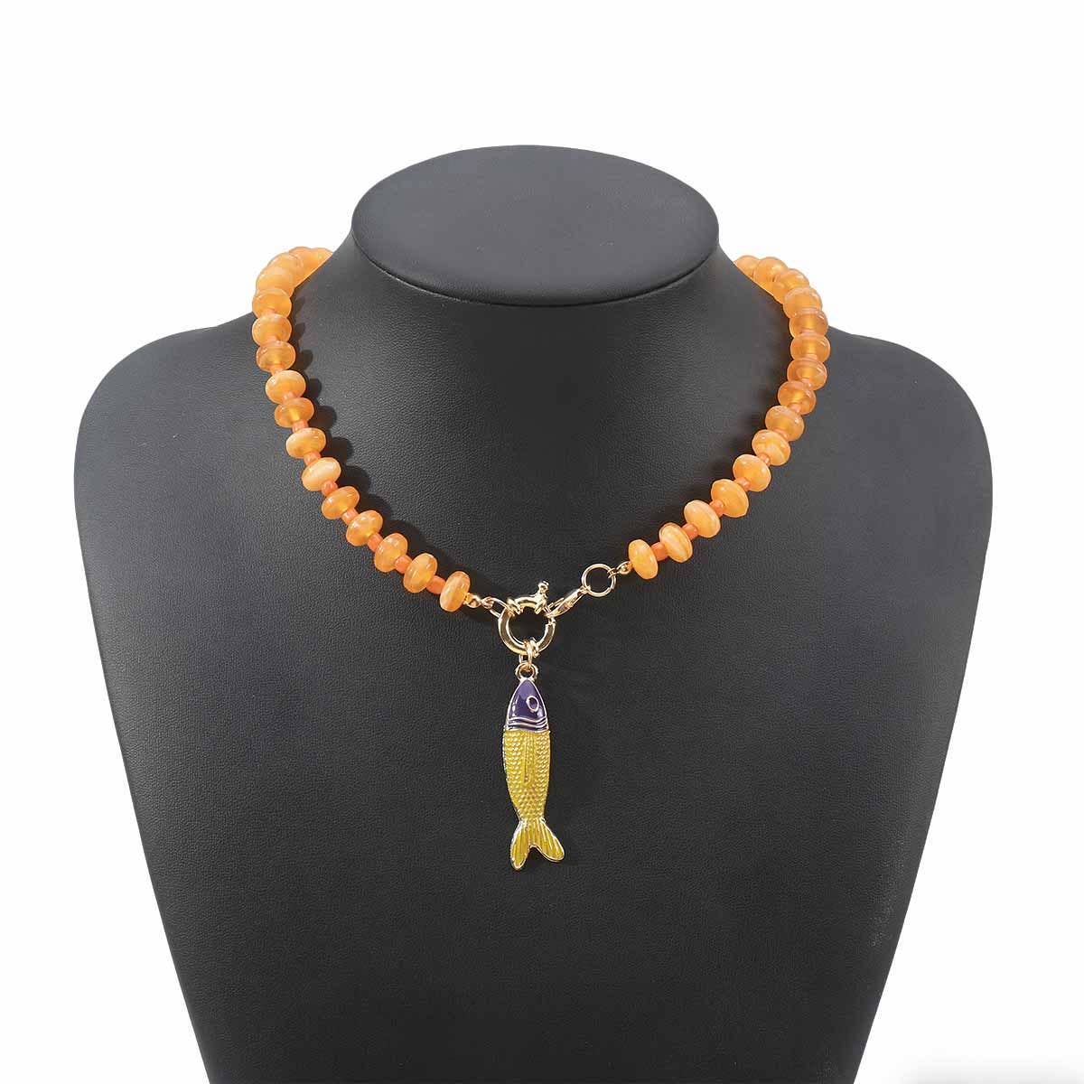 Beaded Fish Pendant Statement Necklace: Orange