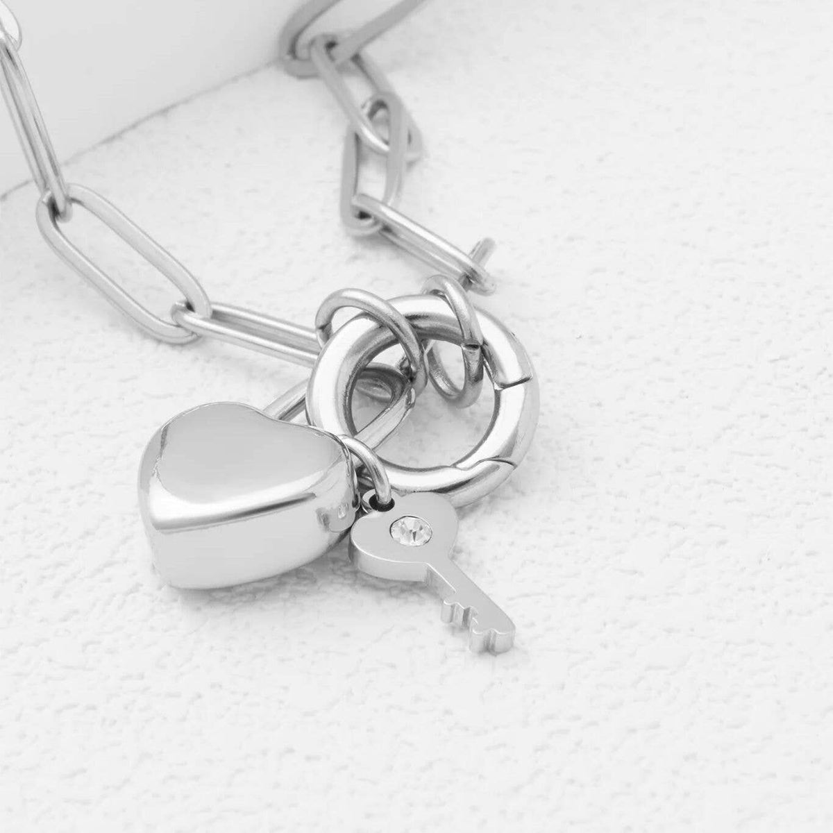 18K Gold PVD Stainless Steel Heart Lock and Key Charm: Gold