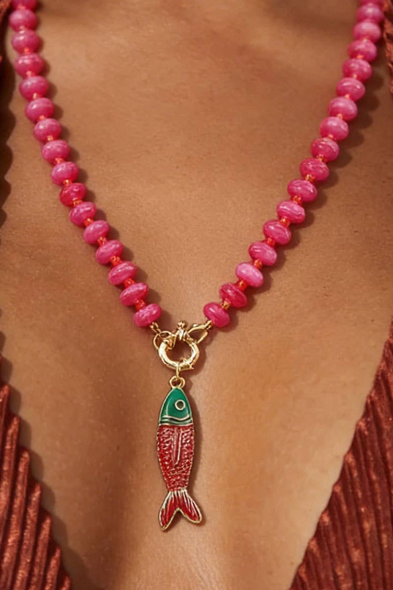 Beaded Fish Pendant Statement Necklace: Pink