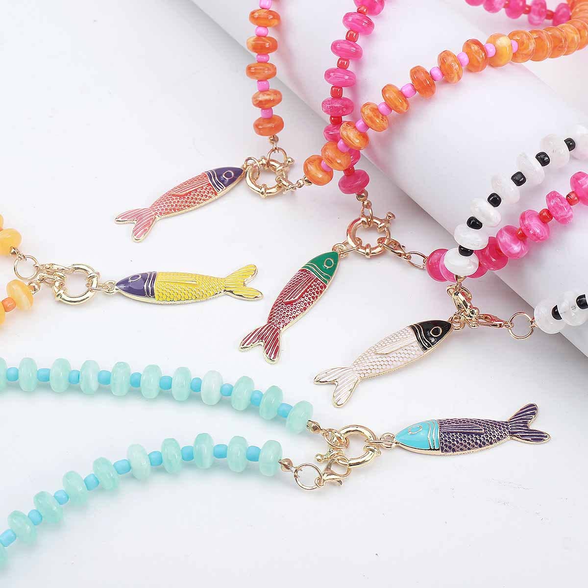 Beaded Fish Pendant Statement Necklace: Pink