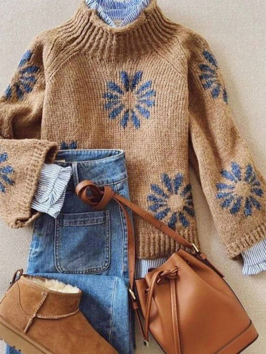 Khaki Floral Knit Sweater Women Ribbed Pattern N5A880: Khaki