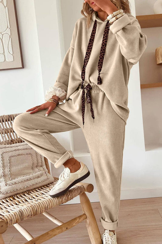 Parchment Leopard Drawstring Pullover Hoodie and High Waist Pants Corduroy Suit: Parchment / 42.5%Polyester+40%Viscose+16%Polyamide+1.5%Elastane