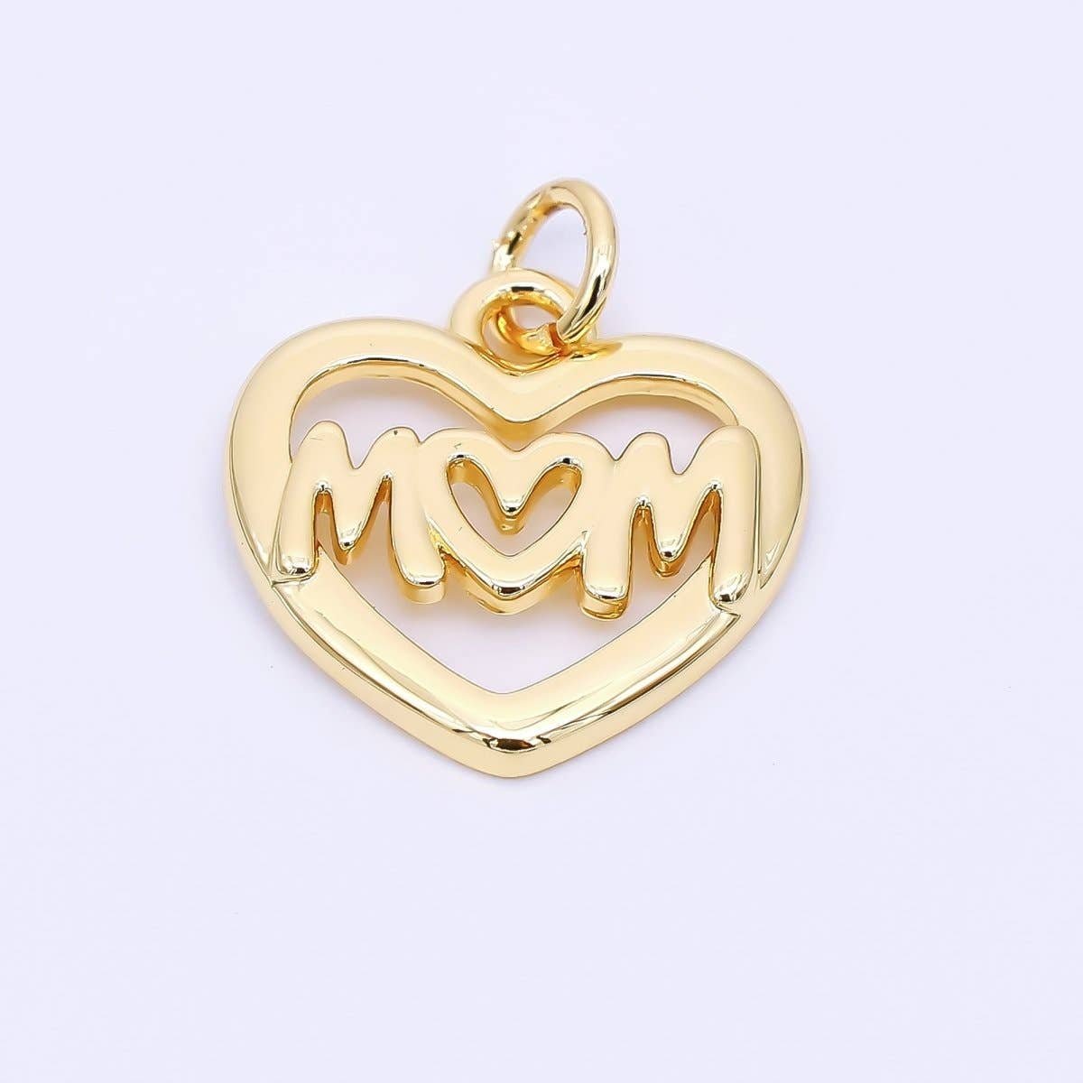 24K Gold Filled 16mm Minimalist Open "MOM" Heart Charm | AH559
