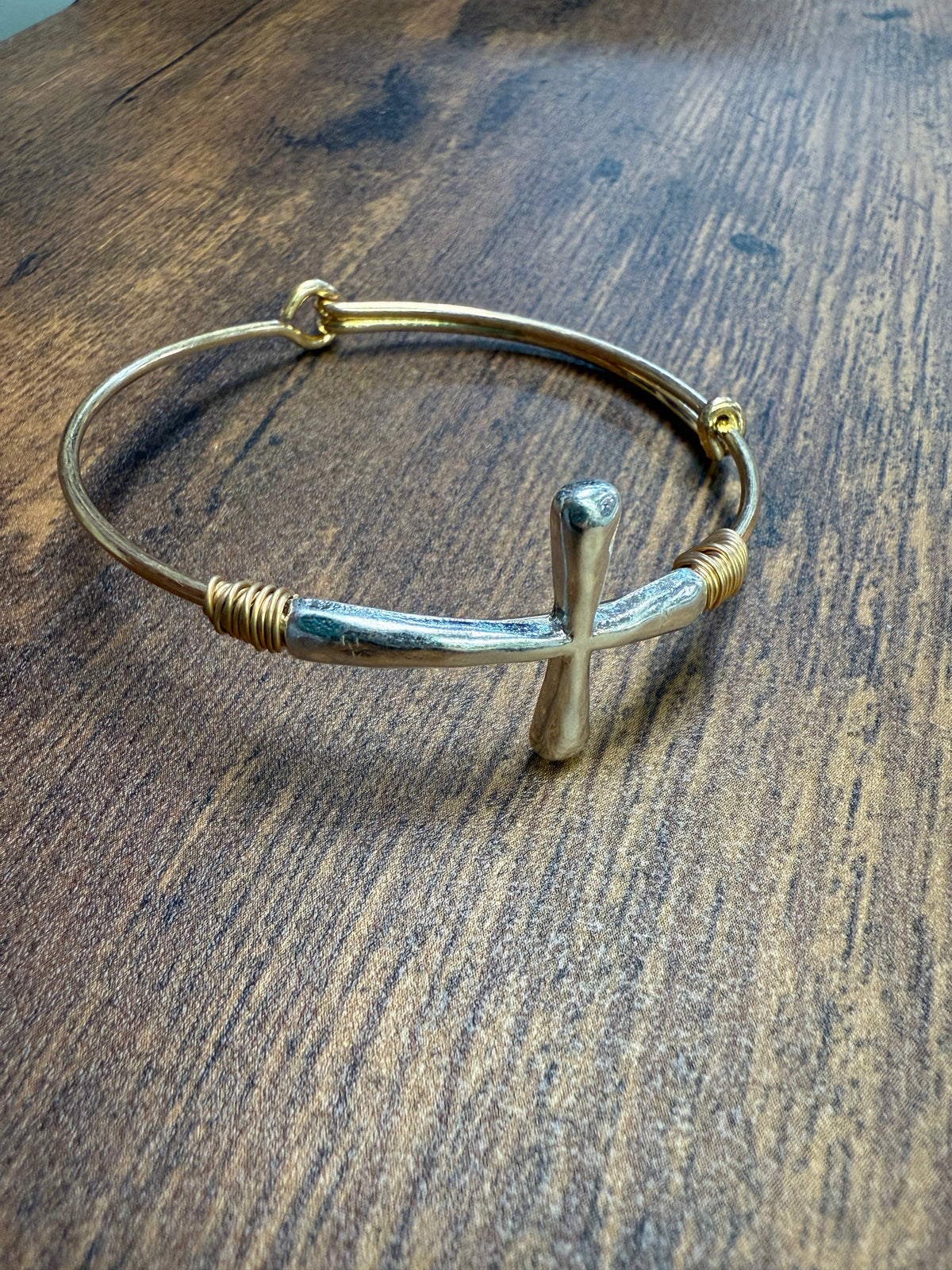 Two-tone Wire Wrapped Cross Bangle Bracelet : Gold