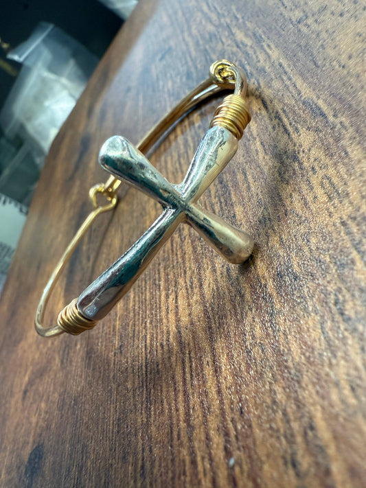 Two-tone Wire Wrapped Cross Bangle Bracelet : Silver