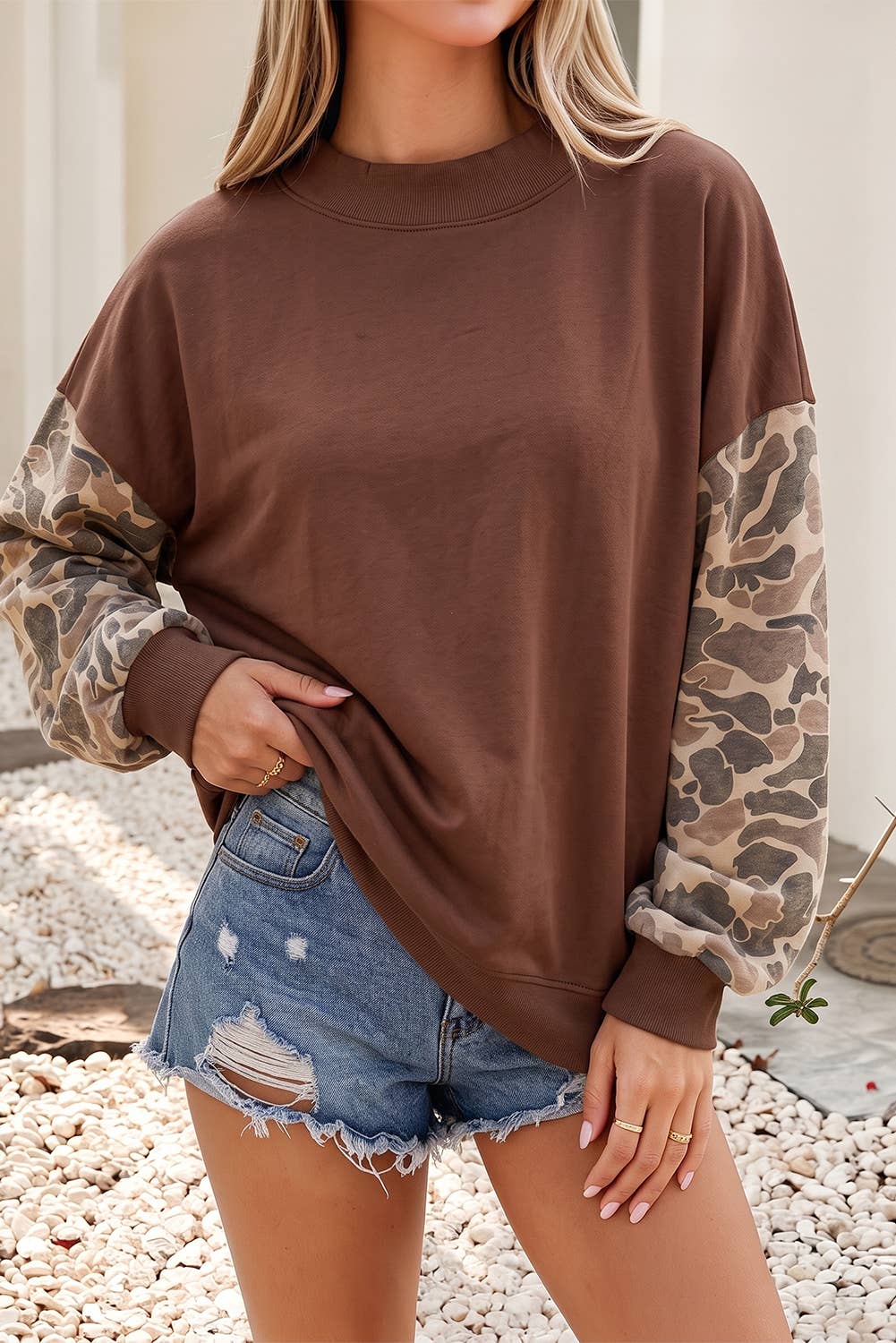 Camo Colorblock Contrast Trim Oversized Sweatshirt: Beige