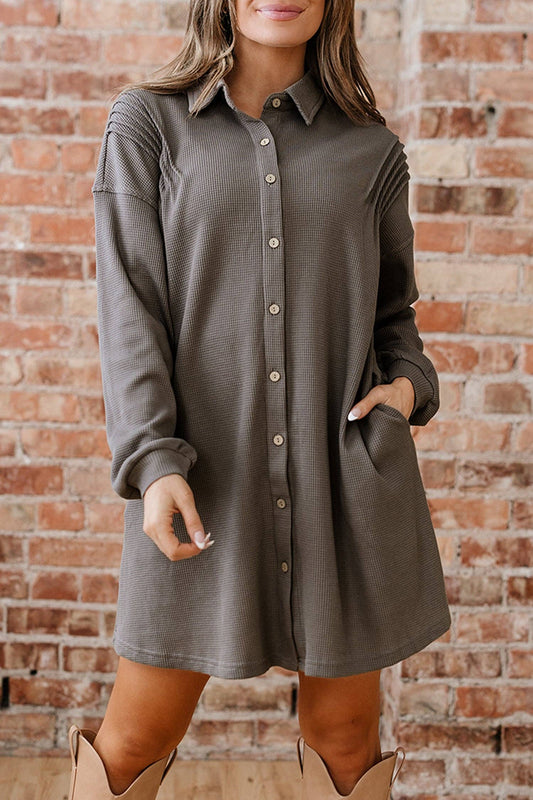Simply Taupe Waffle Knit Shirt Tunic Dress: Simply Taupe / 75%Polyester+25%Cotton