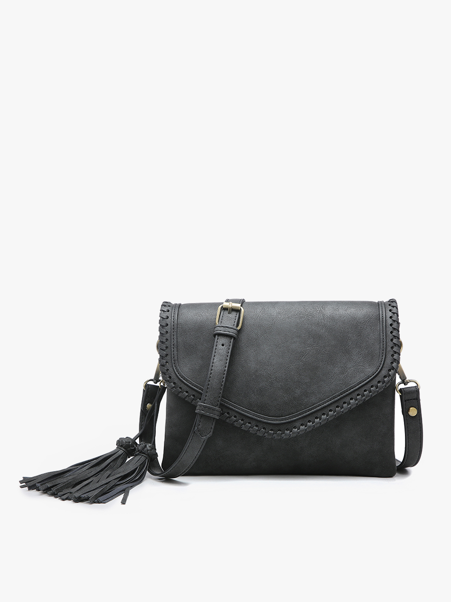 Sloane Flapover Crossbody w/ Whipstitch and Tassel | M1802A : Brown