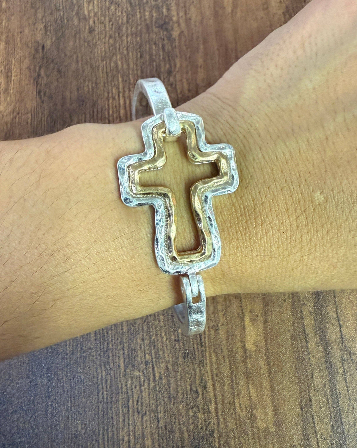 Beautiful Mixed Metal Cross Cuff Bracelet Gold OR Silver: Yellow Gold