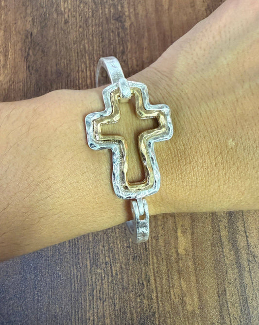 Beautiful Mixed Metal Cross Cuff Bracelet Gold OR Silver: Silver