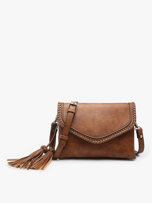 Sloane Flapover Crossbody w/ Whipstitch and Tassel | M1802A : Brown