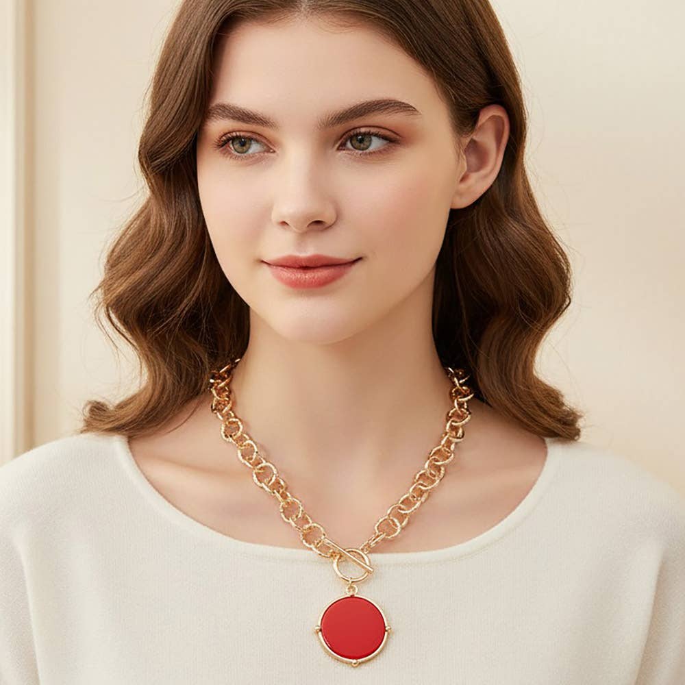 Round Toggle Pendant Chunky Chain Necklace: Orange