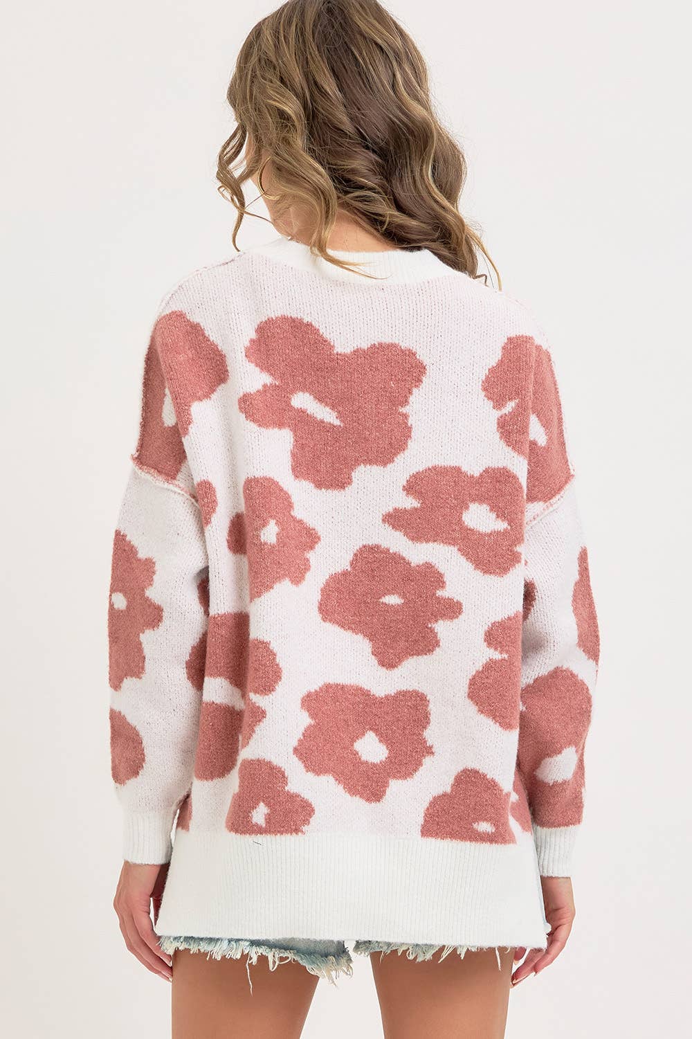 CREW NECK FLORAL LOOSE FIT SWEATER KNIT TOP: PUMPKIN PURPLE / Contemporary