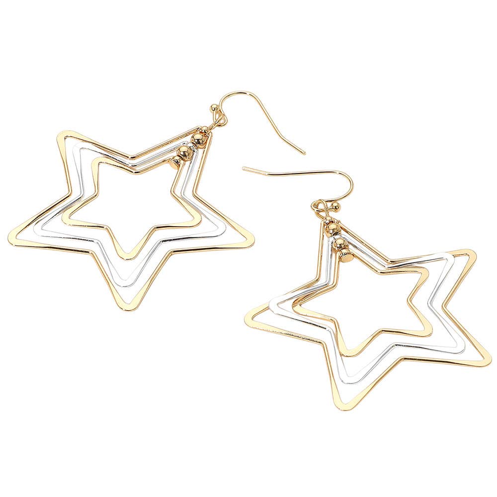 Layered Open Metal Star Dangle Earrings: Multi,Two Tone