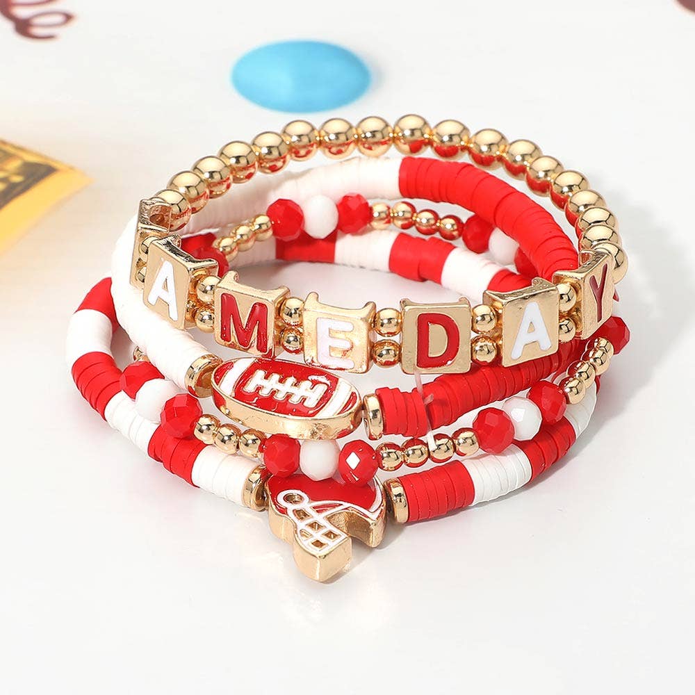 4PCS - GAMEDAY Football Charm Heishi Beaded Stretch Multi Layered Bracelets: Black Burgundy