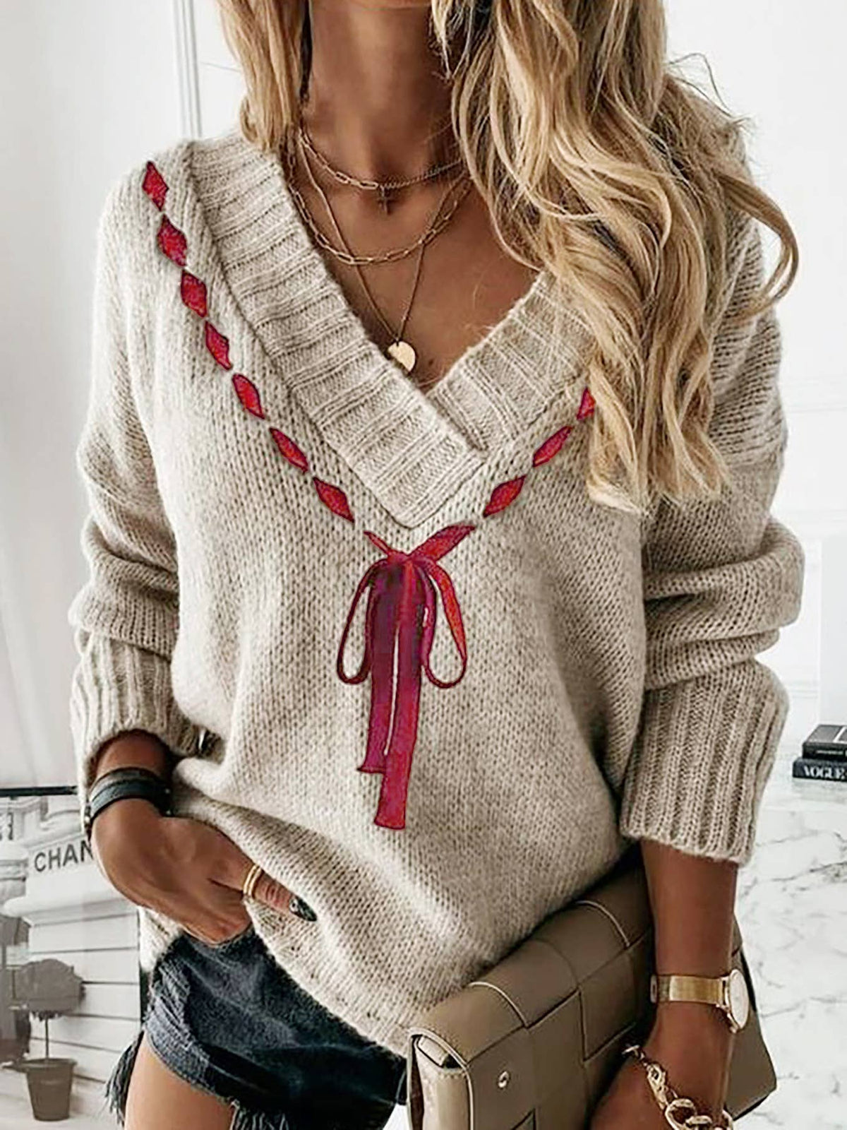 V-Neck Red Ribbon Lace-Up Ribbed Knit Pullover Sweater: Khaki