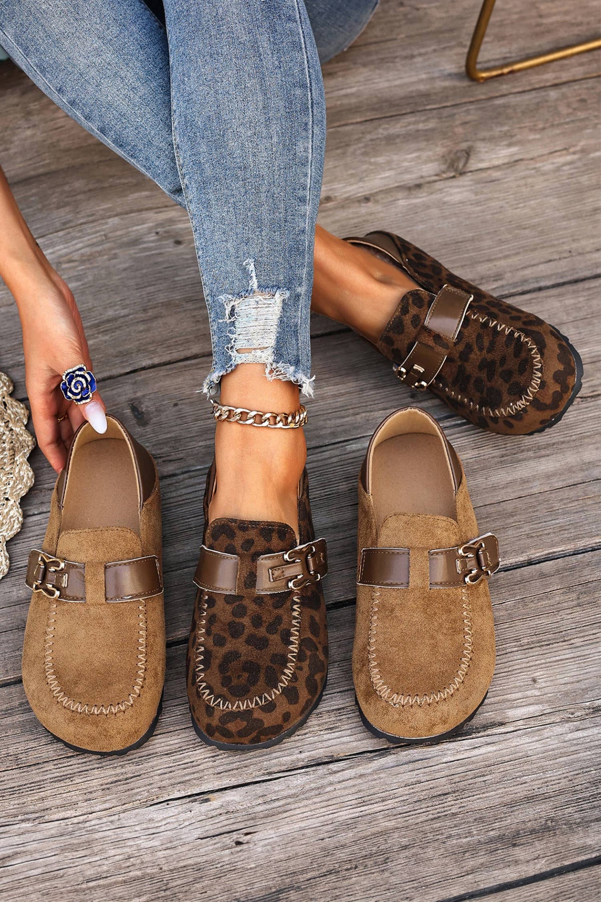 Faux Suede PU Leather Patchwork Retro Buckle Slip On Shoes: Khaki