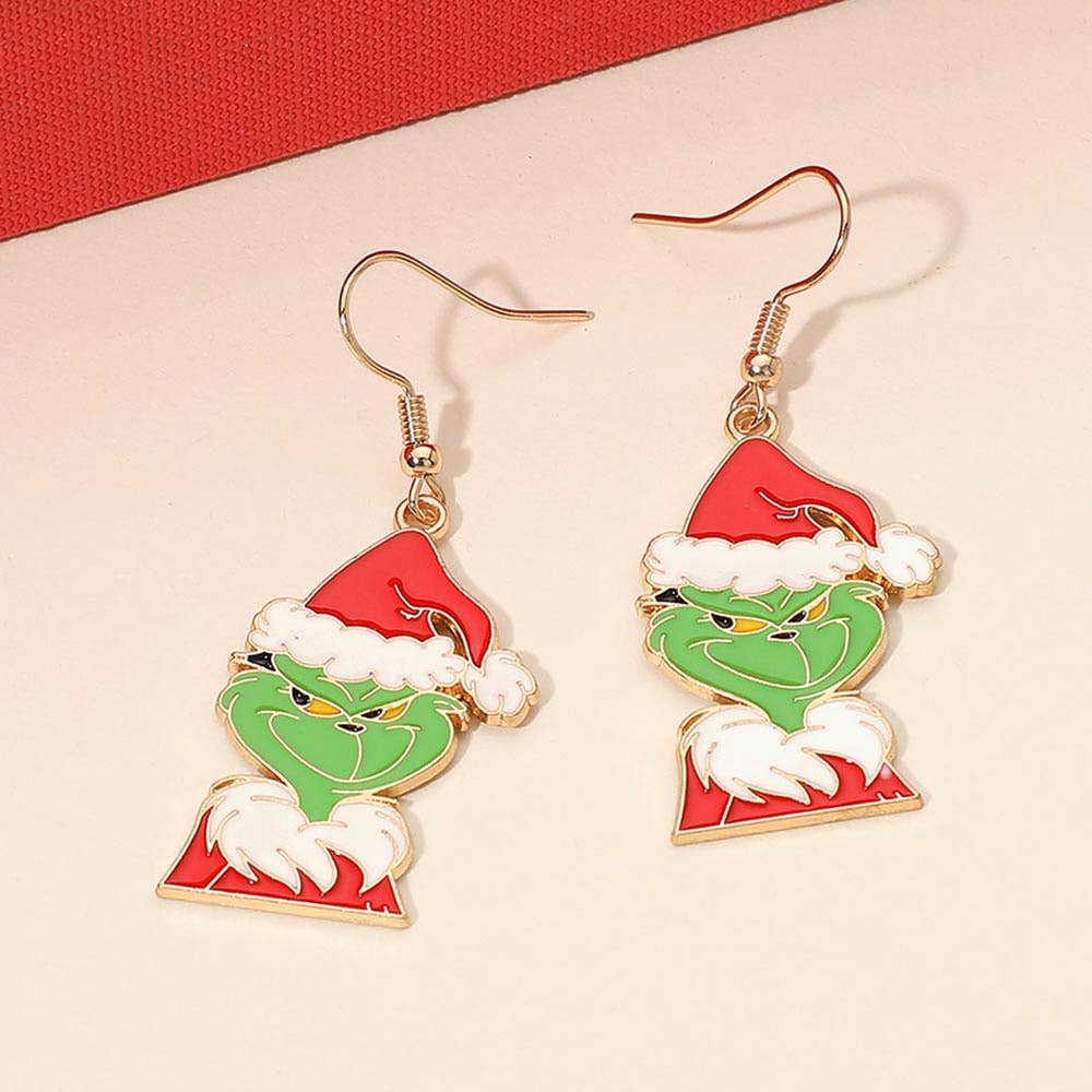 Enamel Christmas Grinch Charm Drop Dangle Earrings