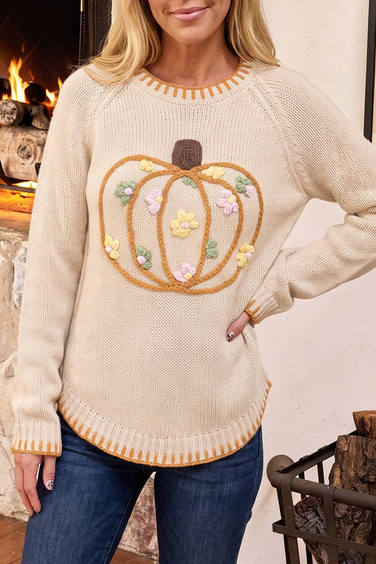 Floral Embroidery Pumpkin Long Sleeve Round Neck Sweater: Parchment