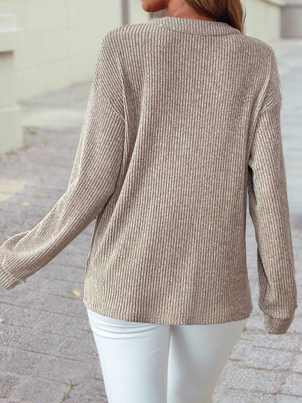 Ribbed Texture Drop Shoulder Henley Knit Top: Clearly Aqua