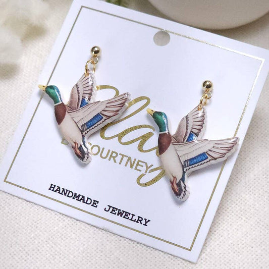 Mallard Duck Earrings, Handmade Polymer Clay Duckling Dangles