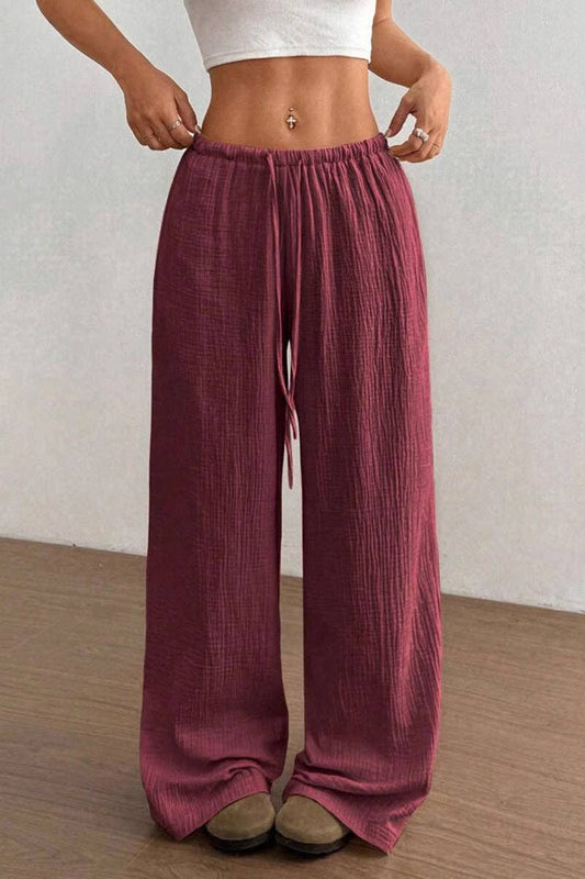 Relaxed Fit Wide-Leg Casual Pants: WINE