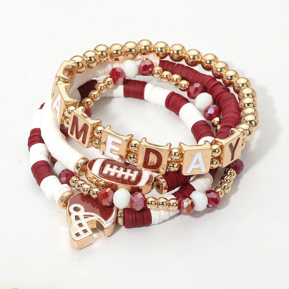4PCS - GAMEDAY Football Charm Heishi Beaded Stretch Multi Layered Bracelets: Black Burgundy