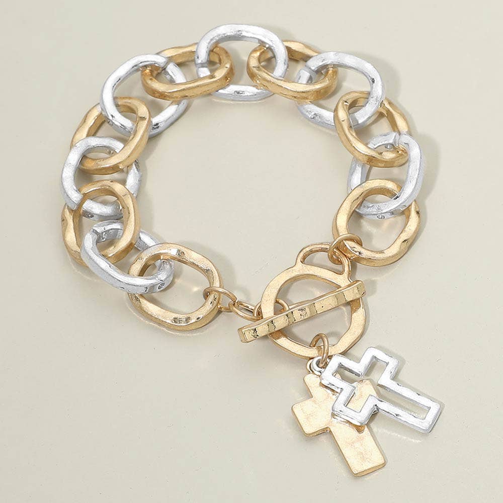 Hammered Layered Cross Charm Chunky Chain Toggle Bracelet: Gold,Worn Gold