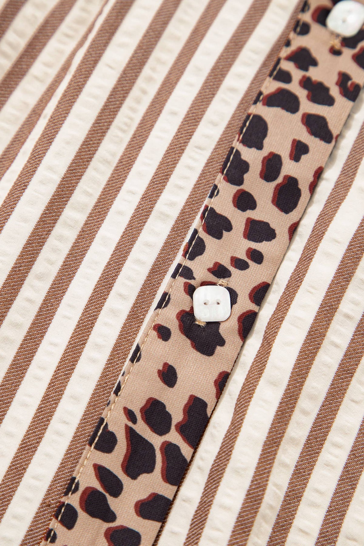Stripe Button Leopard Trim Bracelet Sleeve Dress (S-XL): Brown / Missy