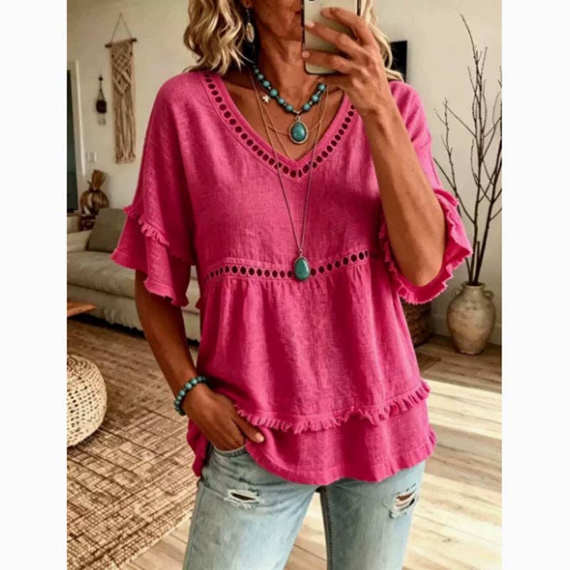 Boho Linen V Neck Blouse Eyelet Ruffle Sleeve: White / 30%cotton70%linen