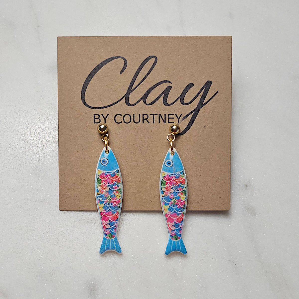 Aqua Blue Multi Colored Scales Clay Fish Earrings