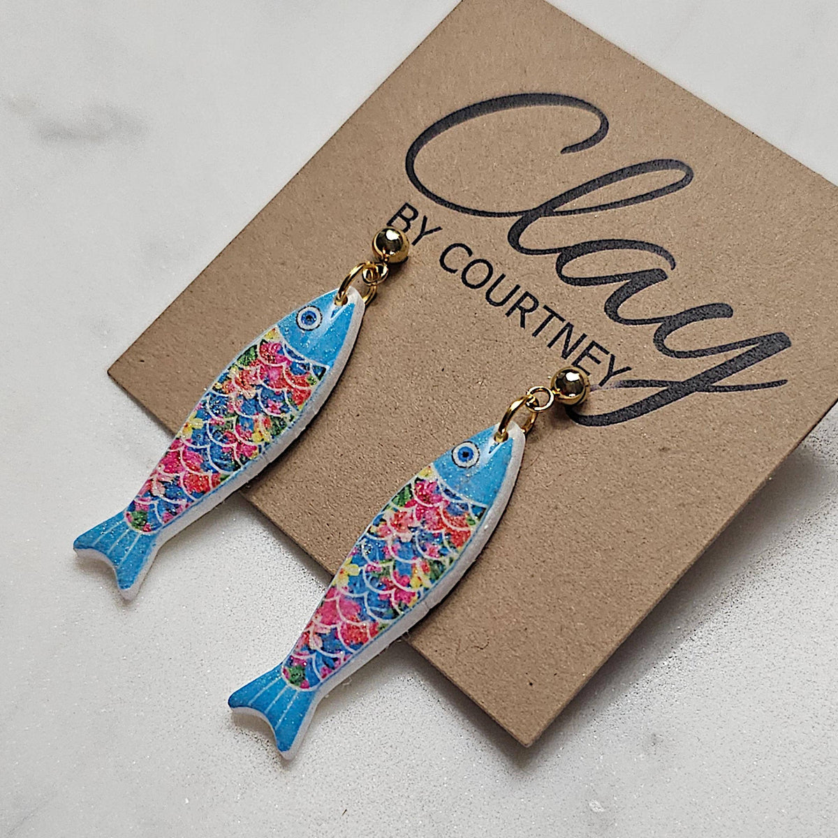 Aqua Blue Multi Colored Scales Clay Fish Earrings