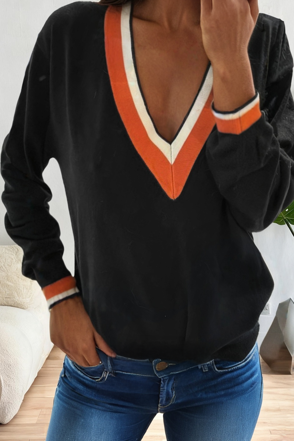 Contrast Striped Trim V Neck Varsity sweaters for women: Dark Khaki / Missy