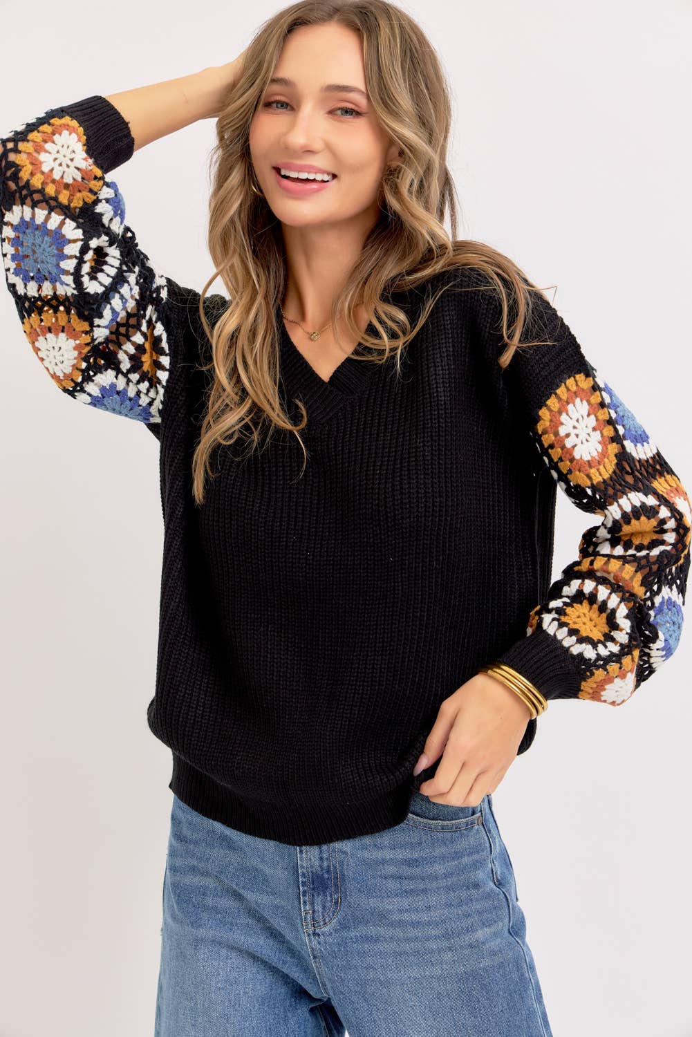 CROCHET PATCHWORK SWEATER: IVORY/ORANGE / Contemporary