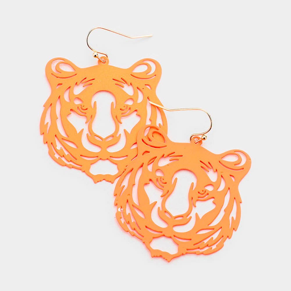 Brass Metal Cut Out Tiger Dangle Earrings: Silver