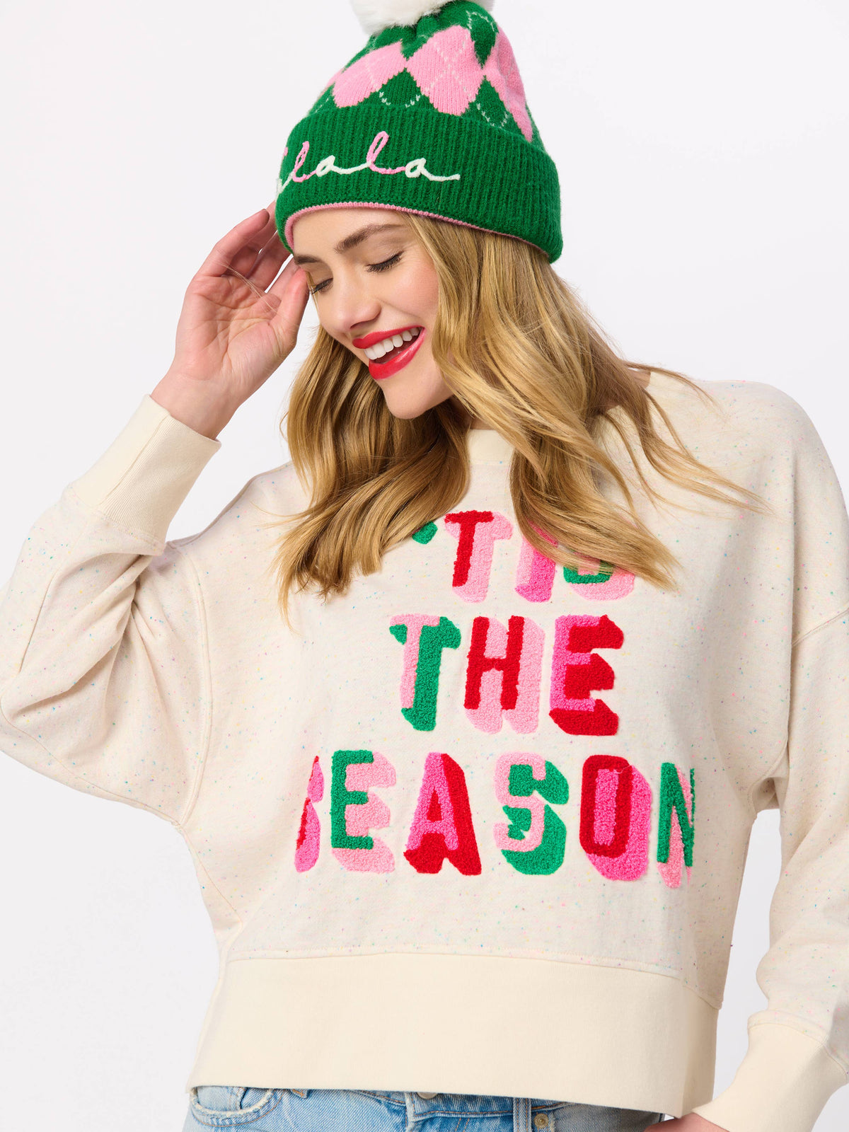 "FA LA LA" ARGYLE BEANIE, GREEN