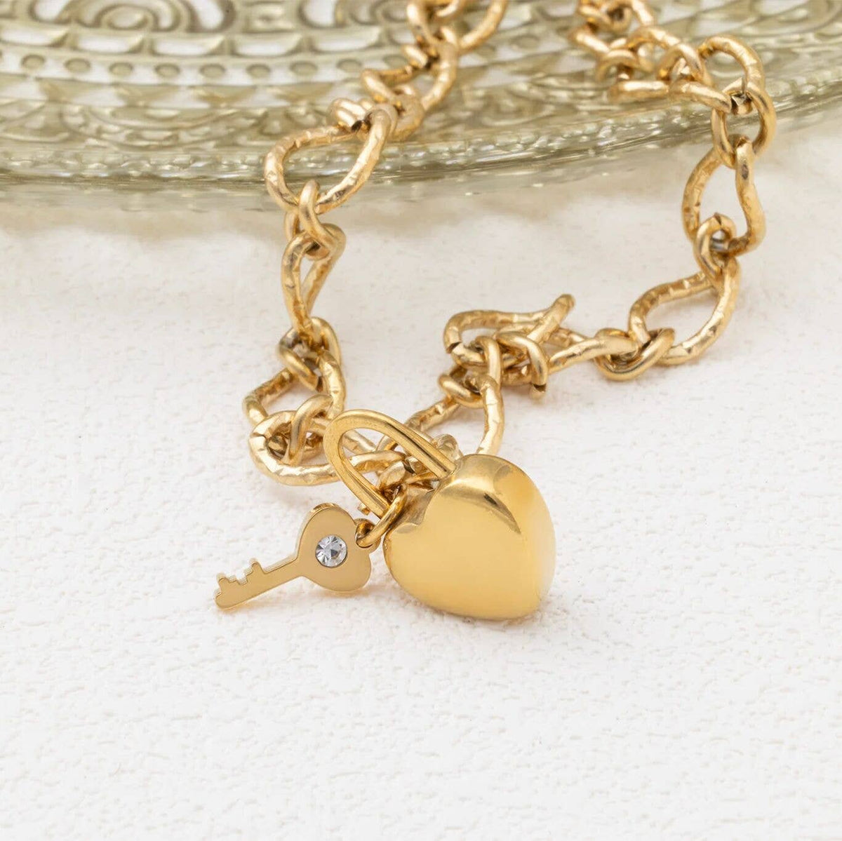 18K Gold PVD Stainless Steel Heart Lock and Key Charm: Gold