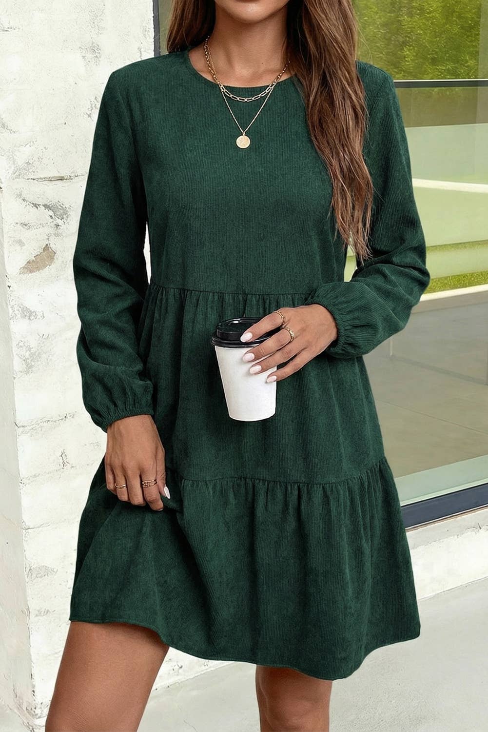 Lantern Sleeve Tiered Mini Dress: Black