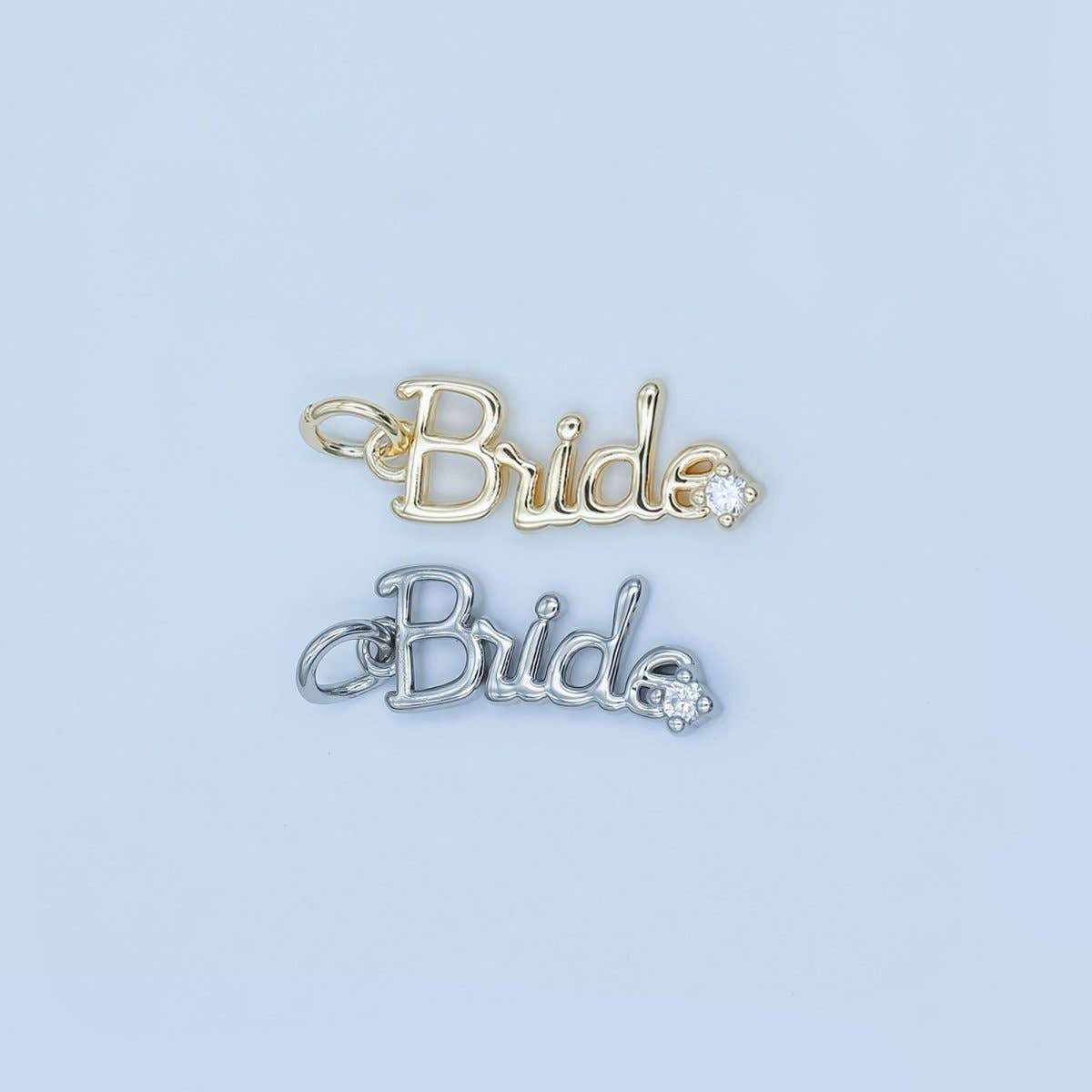 24K Gold Filled "Bride" Cursive Script CZ Charm in Gold & Silver | N091: Silver