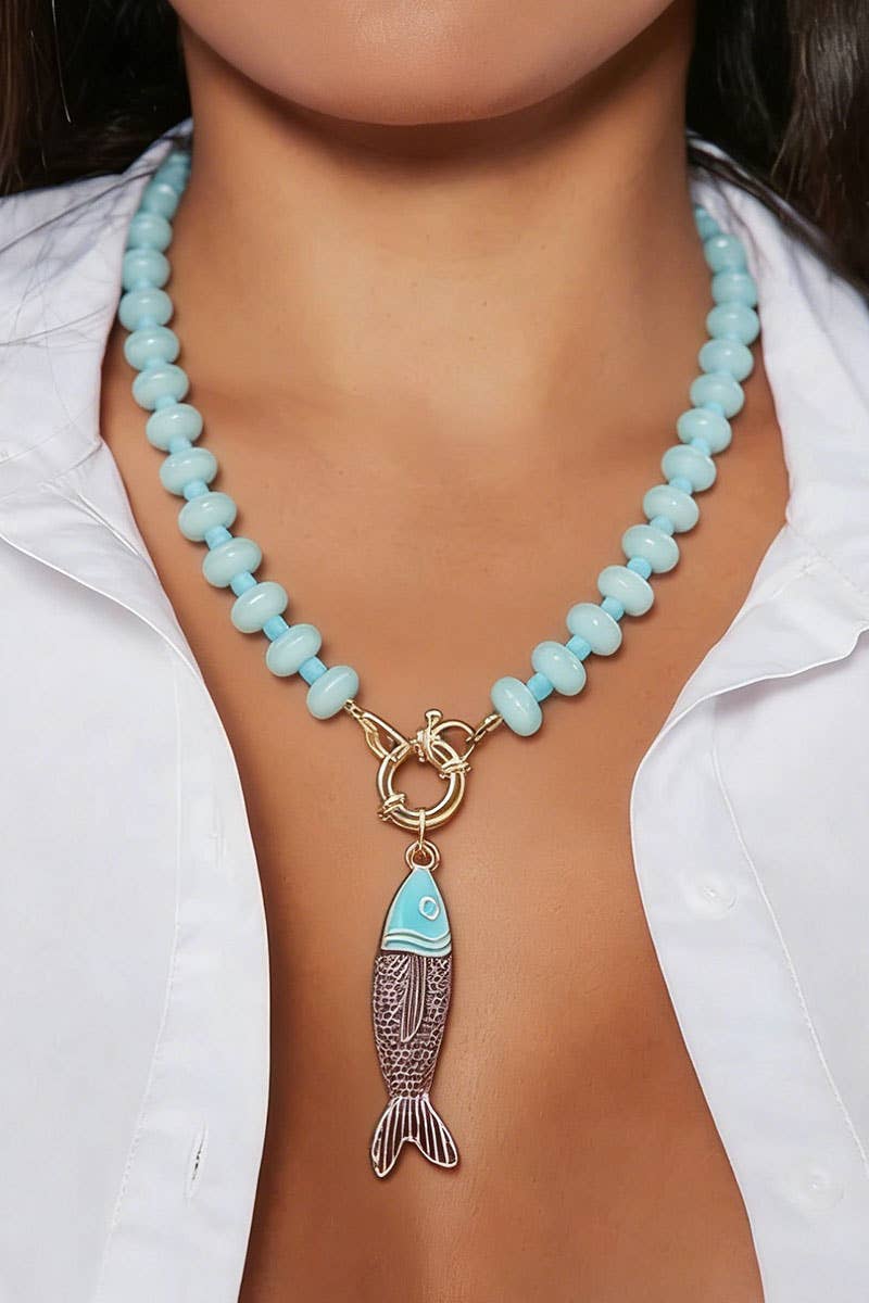 Beaded Fish Pendant Statement Necklace: Pink