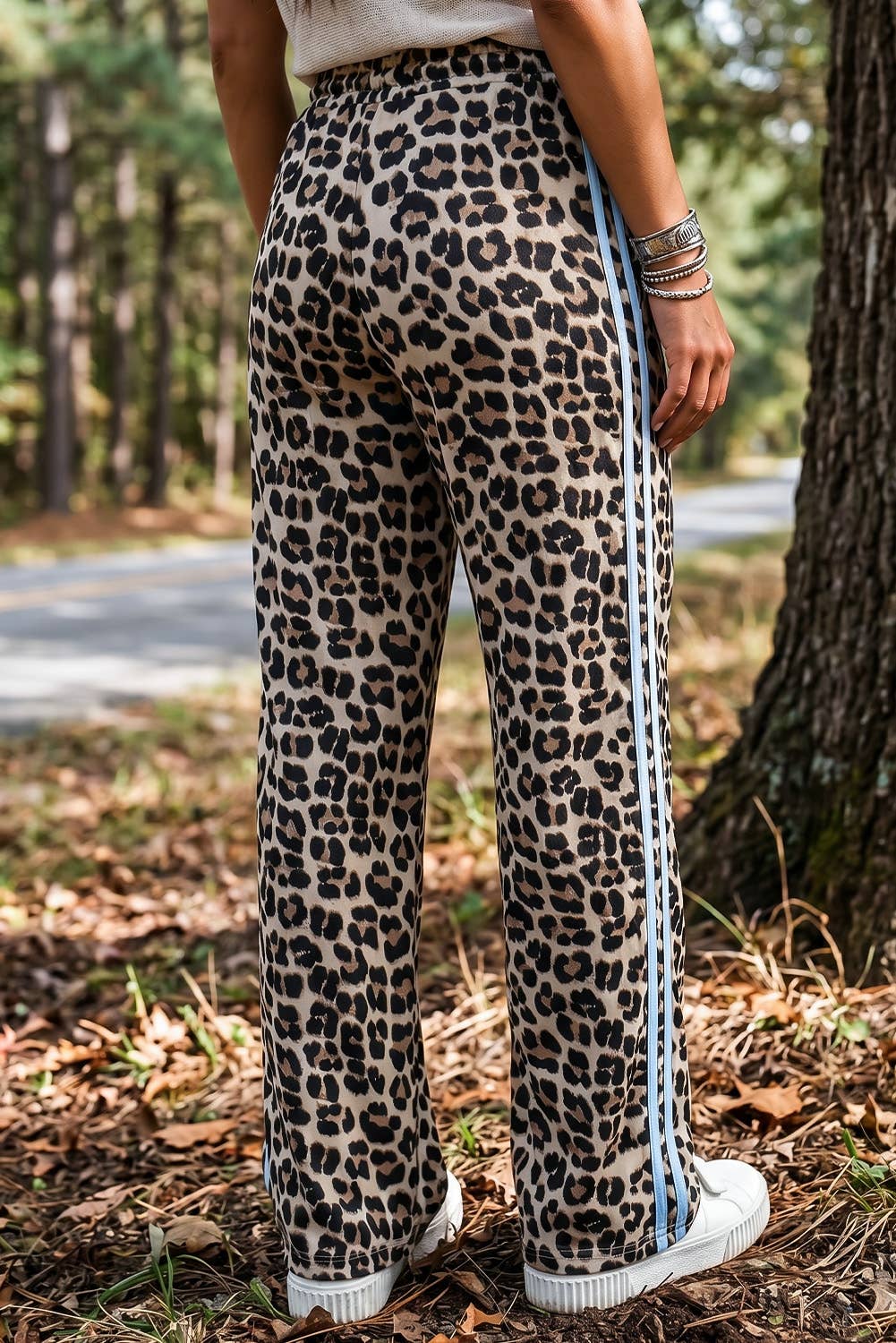 Leopard Print Rose Side Wide leg Stripe Detail Wide Pants: Rose