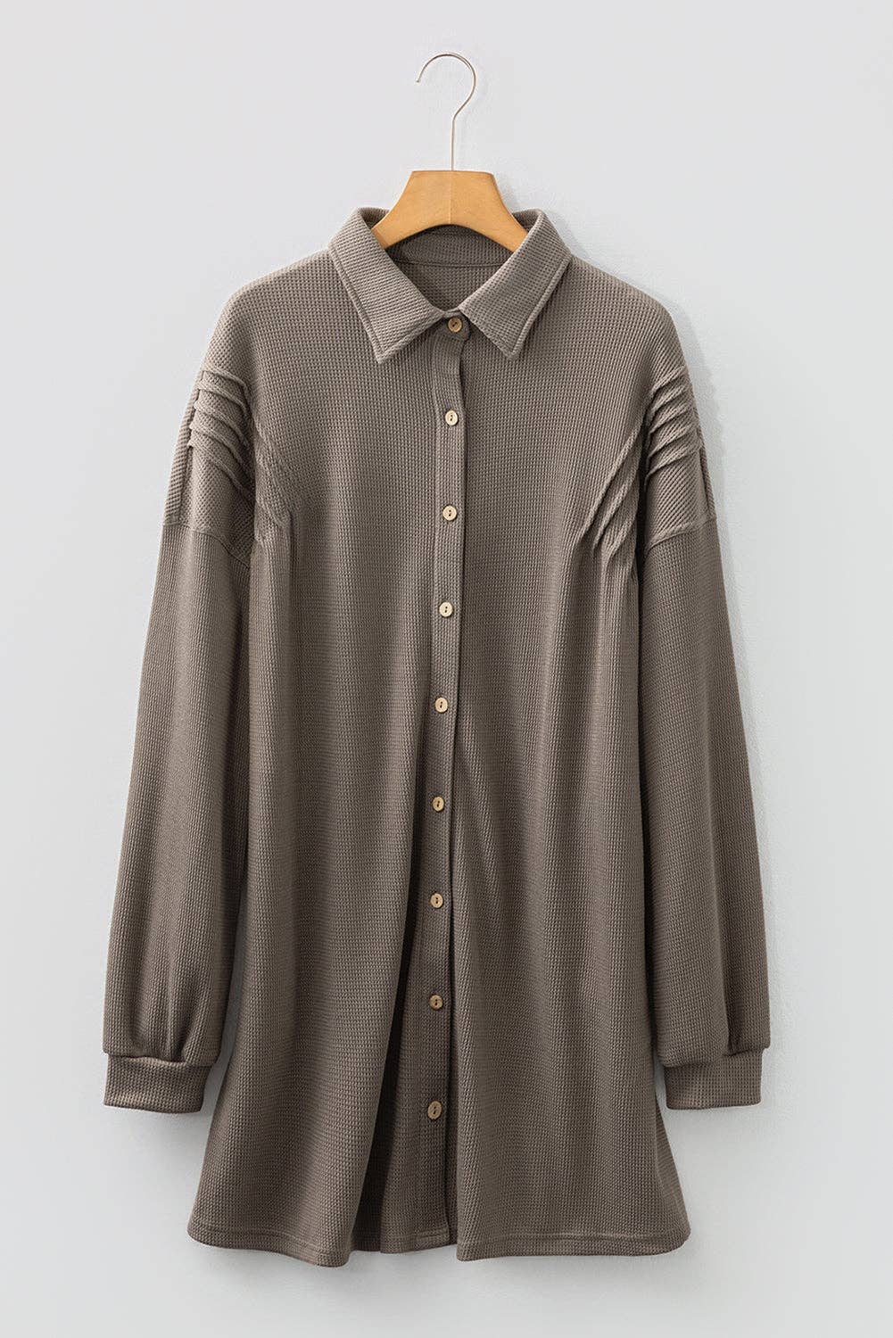 Simply Taupe Waffle Knit Shirt Tunic Dress: Simply Taupe / 75%Polyester+25%Cotton