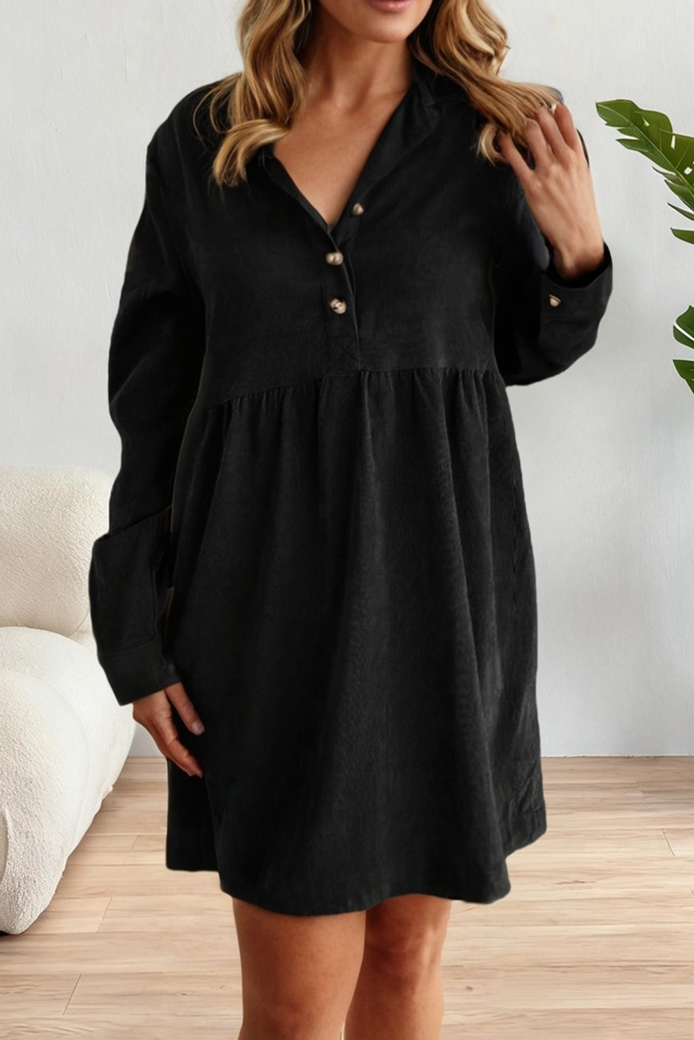 Corduroy Half Button Collared Long Sleeve Mini Fall Dress: Beige / Missy