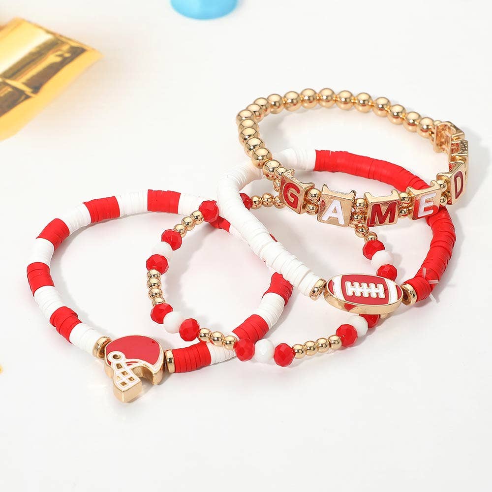 4PCS - GAMEDAY Football Charm Heishi Beaded Stretch Multi Layered Bracelets: Black Burgundy