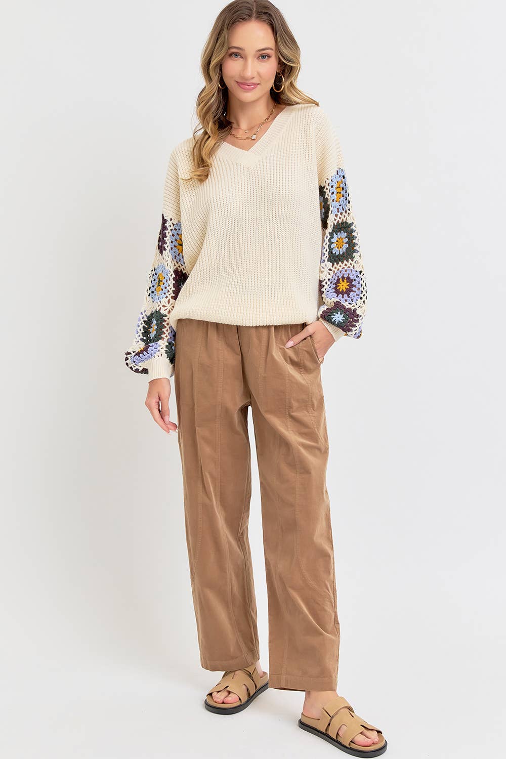 CROCHET PATCHWORK SWEATER: IVORY/ORANGE / Contemporary