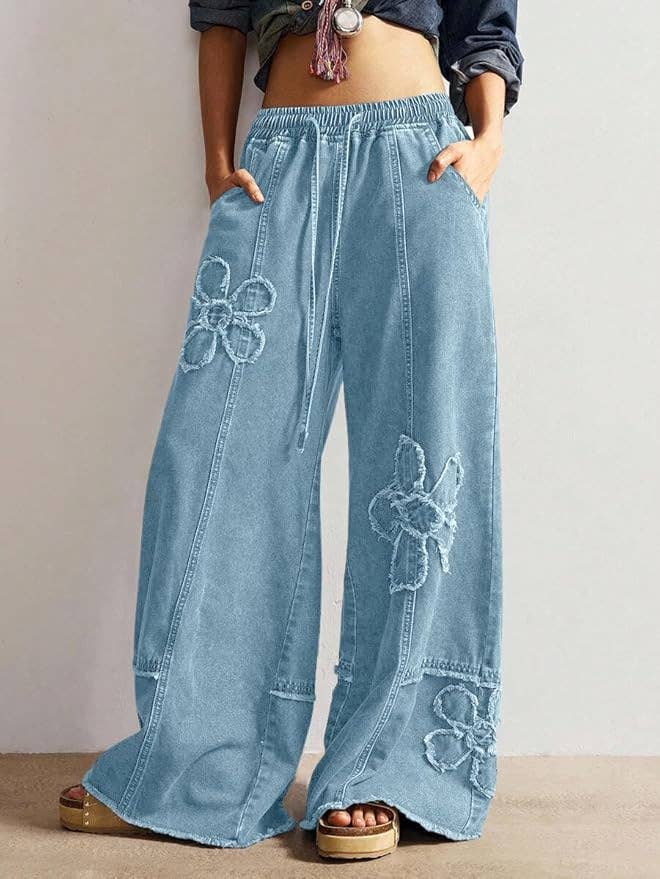 Western Boho Vintage Floral Drawstring Seamed Jeans: DarkBlue