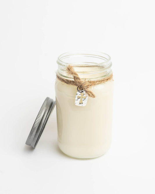 Mason Jar Candle with Cross Charm: Peppermint Lane