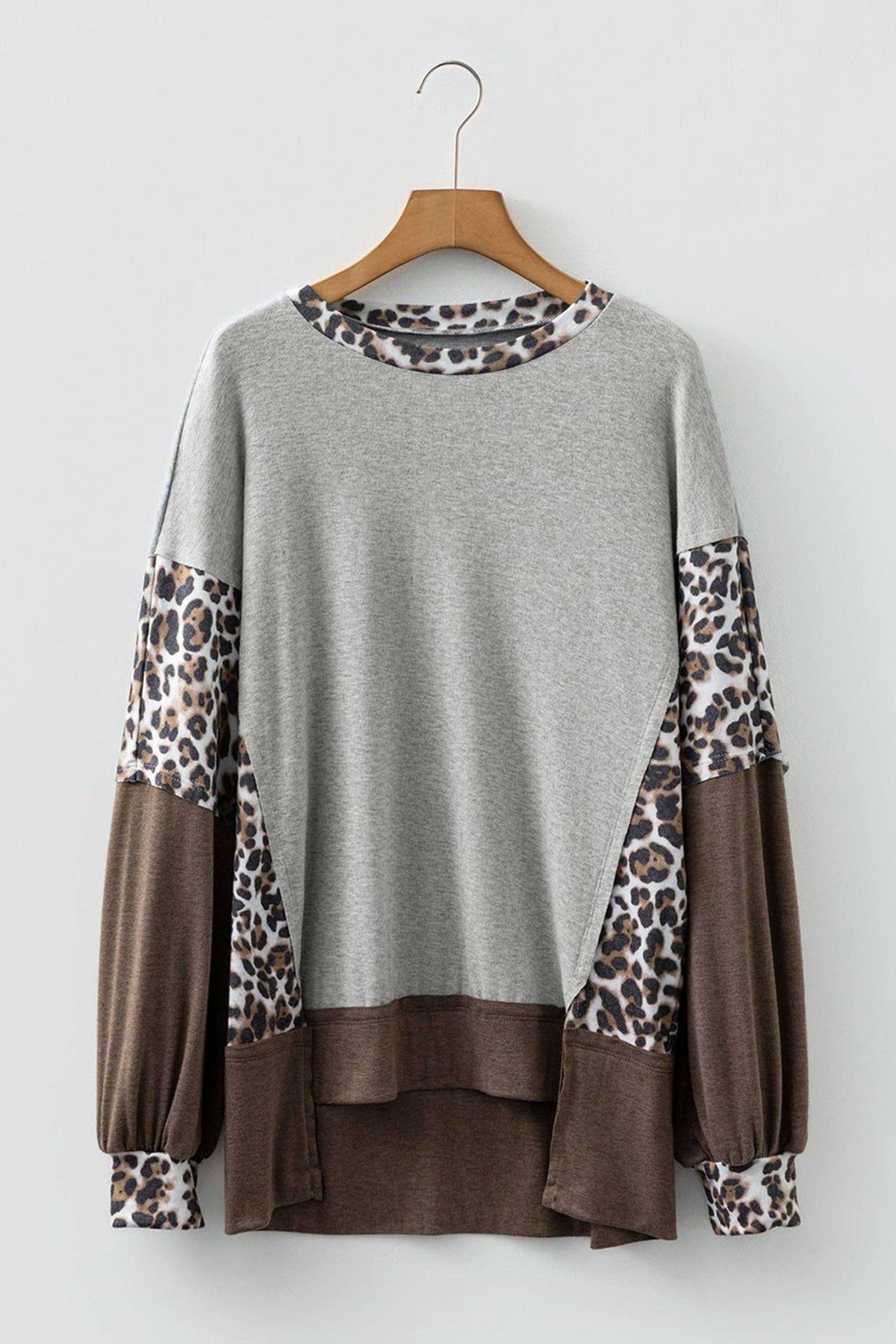 Color Block Leopard Dolman Sleeve High Low Baggy Sweatshirt: Light Pink / 75%Polyester+20%Viscose+5%Elastane