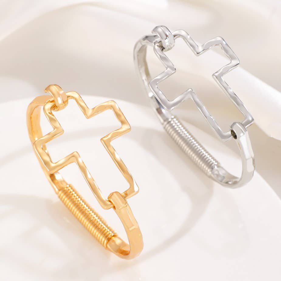 Hammered Open Cross Bangle - Silver or Gold | 40B5235: Silver
