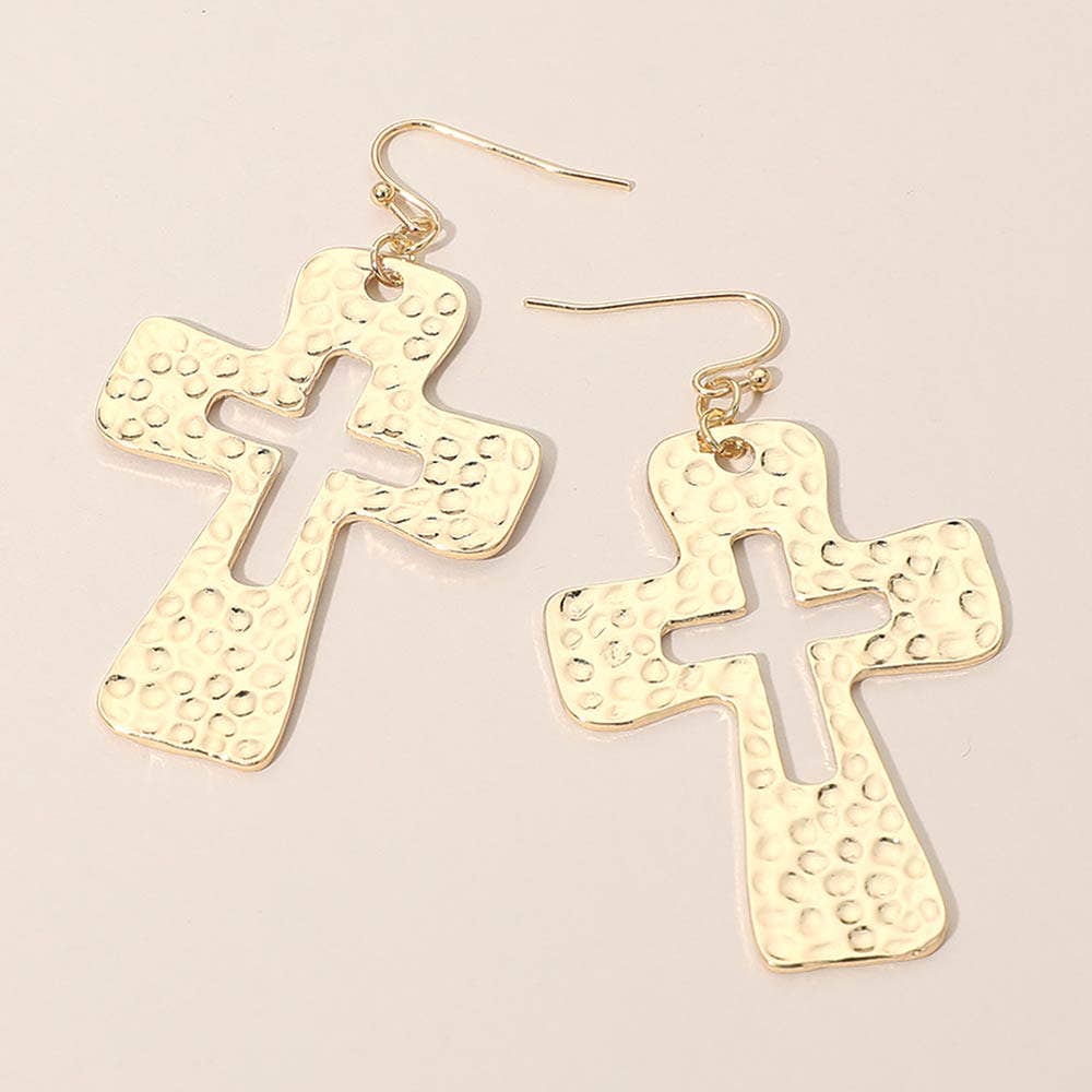 Hammered Metal Open Cross Drop Dangle Earrings: Gold